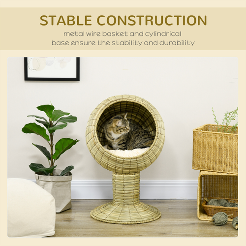 PawHut Raised Cat House, Natural Mat Grass Cat Bed w/ Stand Cushion, 41x 69 cm