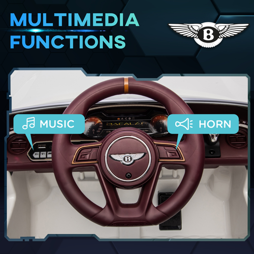 Steering wheel with multimedia functions labeled 'Music' and 'Horn' on a dark background with Bentley logo.