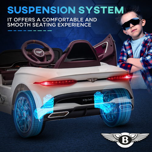 Children's toy car with suspension system features and a child posing next to it, on a dark background.