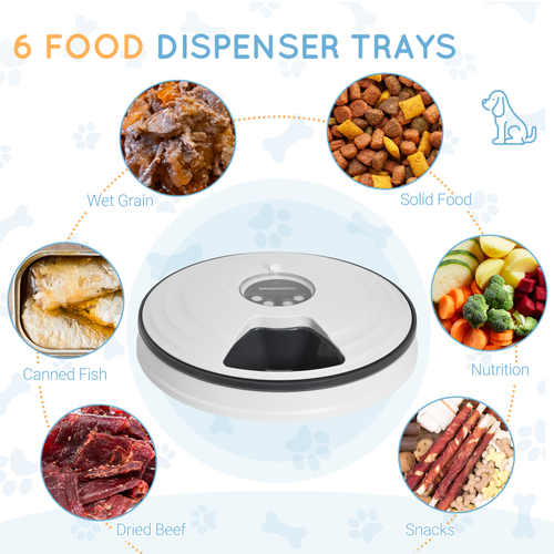 Automatic Pet Feeder w/ Digital Timer Six-Meal Food Dispenser Trays White