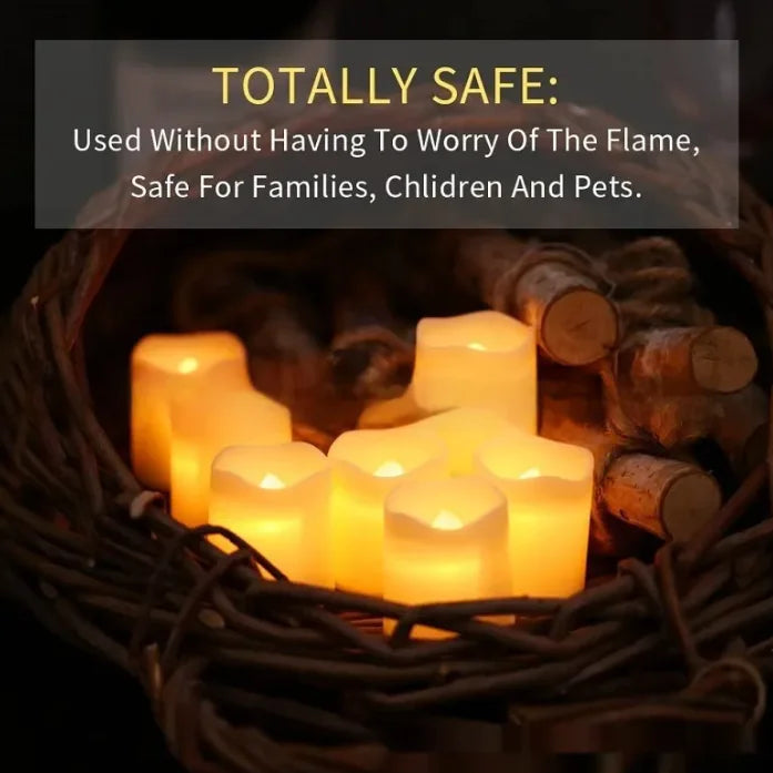 Flickering candles in a woven basket with safety text overlay