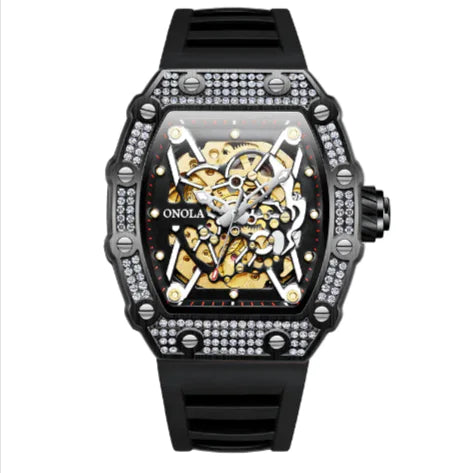 Luxury watch with black strap and diamond-studded case on a white background