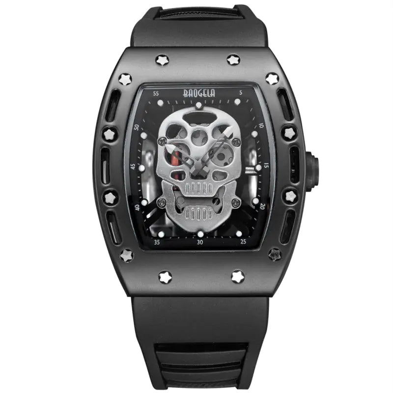 Black watch with skull design on a white background