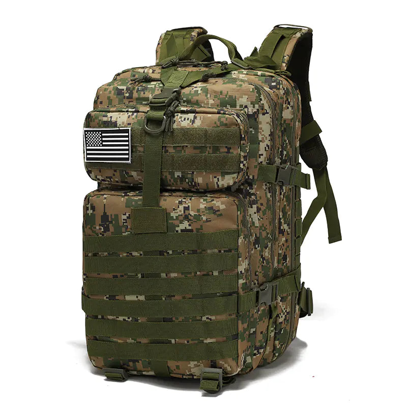 Camouflage backpack with American flag patch on a white background